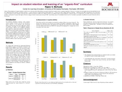 Impact on student retention and learning of an “organic-first” curriculum Rajeev S. Muthyala Center for Learning Innovation, University of Minnesota Rochester, Rochester, MN[removed]Abstract: The introduction of organi