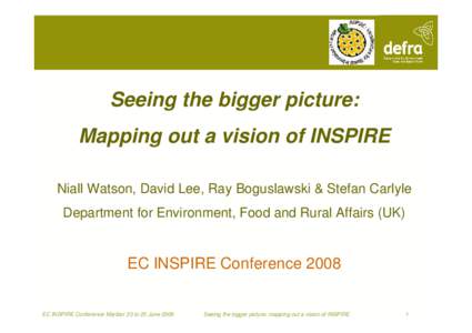 Seeing the bigger picture: Mapping out a vision of INSPIRE Niall Watson, David Lee, Ray Boguslawski & Stefan Carlyle Department for Environment, Food and Rural Affairs (UK)  EC INSPIRE Conference 2008