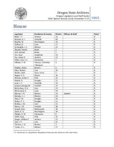 Oregon Legislators and Staff Guide 1865 Speical Session December 5-19