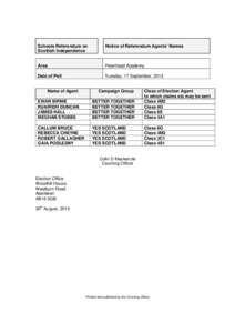 Schools Referendum on Scottish Independence Notice of Referendum Agents’ Names  Area