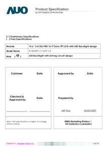 Product Specification AU OPTRONICS CORPORATION (  ) Preliminary Specifications (