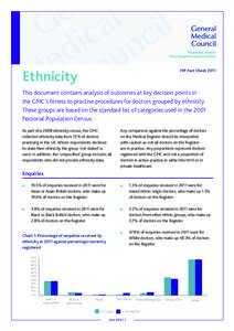 Ethnicity  FtP Fact Sheet 2011 This document contains analysis of outcomes at key decision points in the GMC’s fitness to practise procedures for doctors grouped by ethnicity.