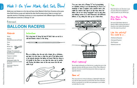 Week 1  Week 1: On Your Mark, Get Set, Blow! Make your own breeze on a hot day and learn about Newton’s third law of motion at the same time. Build balloon racers and explore the idea that for every action, there is an