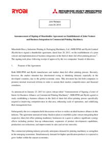 Joint Release June 20, 2013 Announcement of Signing of Shareholder Agreement on Establishment of Joint Venture and Business Integration in Commercial Printing Machinery