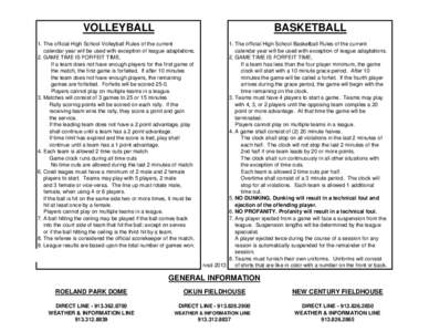 VOLLEYBALL  BASKETBALL 1. The official High School Volleyball Rules of the current calendar year will be used with exception of league adaptations.