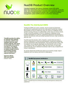 NuoDB Product Overview Everyday businesses face serious challenges coping with global application deployments and maintaining business continuity across the world, while also providing their customers with outstanding ap