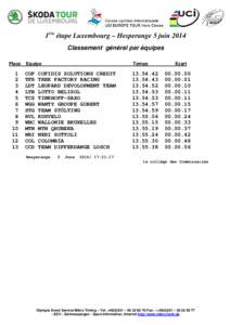 1ère étape Luxembourg – Hesperange 5 juin 2014 Classement général par équipes Place 1 2