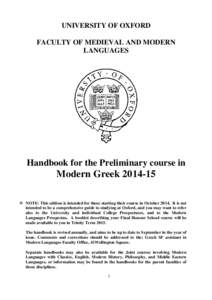 UNIVERSITY OF OXFORD FACULTY OF MEDIEVAL AND MODERN LANGUAGES Handbook for the Preliminary course in