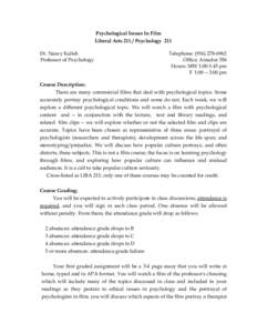 Psychological Issues In Film Liberal Arts[removed]Psychology 211 Dr. Nancy Kalish Professor of Psychology  Telephone: ([removed]