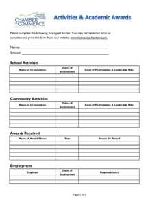 Please complete the following in a typed format. You may recreate this form or complete and print this form from our website www.hernandochamber.com Name: ___________________________________________ School: _____________