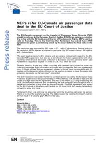 Press release  MEPs refer EU-Canada air passenger data deal to the EU Court of Justice Plenary sessions[removed]:01]