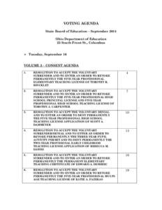 VOTING AGENDA State Board of Education – September 2014 Ohio Department of Education 25 South Front St., Columbus  Tuesday, September 16 VOLUME 2 – CONSENT AGENDA