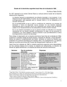 Estado de la electrónica argentina hacia fines de la década dePor Bruno Pedro De Alto En 1971 apareció en la reviste Ciencia Nueva un artículo sobre el sector de la industria electrónica en Argentina: La indu