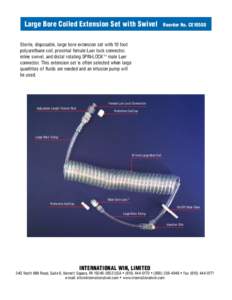 Large Bore Coiled Extension Set with Swivel  Reorder No. CE1050S Sterile, disposable, large bore extension set with 10 foot polyurethane coil, proximal female Luer lock connector,