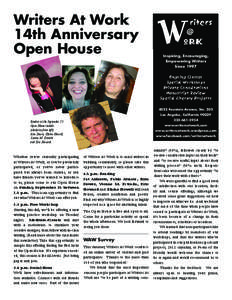 SPECIAL WORKSHOPS  Writers At Work 14th Anniversary Open House Five-week Workshop