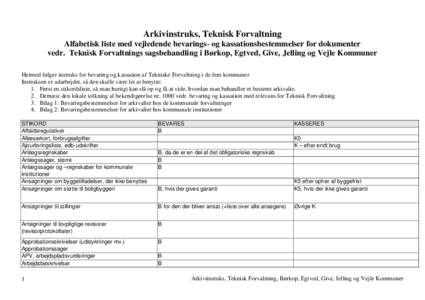 Arkivinstruks, Teknisk Forvaltning Alfabetisk liste med vejledende bevarings- og kassationsbestemmelser for dokumenter vedr. Teknisk Forvaltnings sagsbehandling i Børkop, Egtved, Give, Jelling og Vejle Kommuner Hermed f