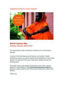 Suggested wording for church newsletter  World Leprosy Day Sunday 25 January 2015