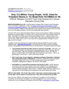 FOR IMMEDIATE RELEASE: May 10, 2013 CONTACT: Kristofer Eisenla, Luna Eisenla Media [removed] , [removed]cell) Only 12.3 Million Young People, 18-29, Voted for President Obama in ‘12; Down from 14.