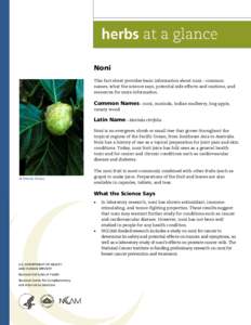 Noni This fact sheet provides basic information about noni—common names, what the science says, potential side effects and cautions, and resources for more information.  Common Names—noni, morinda, Indian mulberry, h