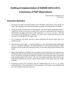 Drafting & Implementation of AS/NZS[removed]:2013. A Summary of F&P Observations Fisher & Paykel Appliances Ltd[removed]Executive Summary