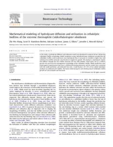 Mathematical modeling of hydrolysate diffusion and utilization in cellulolytic biofilms of the extreme thermophile Caldicellulosiruptor obsidiansis