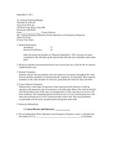 September 9, 2011 To: External Training Manager Theodore R. Ellwood Tetra Tech NUS, Inc. 250 West Court Street, Suite 200 Cincinnati, OH 45202