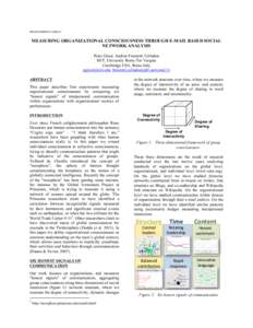 PROCEEDINGS COINs15  MEASURING ORGANIZATIONAL CONSCIOUSNESS THROUGH E-MAIL BASED SOCIAL NETWORK ANALYSIS Peter Gloor, Andrea Fronzetti Colladon MIT, University Rome Tor Vergata