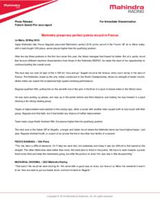 Press Release French Grand Prix race report For Immediate Dissemination  Mahindra preserves perfect points record in France