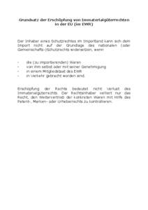 Grundsatz der Erschöpfung von Immaterialgüterrechten in der EU (im EWR) Der Inhaber eines Schutzrechtes im Importland kann sich dem Import nicht auf der Grundlage des nationalen (oder Gemeinschafts-)Schutzrechts widers