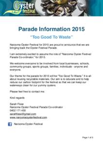 Narooma Oyster Festival Parade 2015  ! Parade Information 2015 ! “Too Good To Waste”!
