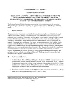 GRANADA SANITARY DISTRICT RESOLUTION NORESOLUTION ADOPTING A MITIGATED NEGATIVE DECLARATION AND MITIGATION MONITORING AND REPORTING PROGRAM FOR THE REORGANIZATION PROJECT FOR THE GRANADA SANITARY DISTRICT TO B