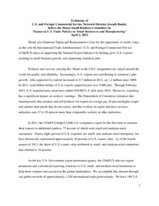 Testimony of U.S. and Foreign Commercial Service Network Director Joseph Hanley before the House Small Business Committee on 