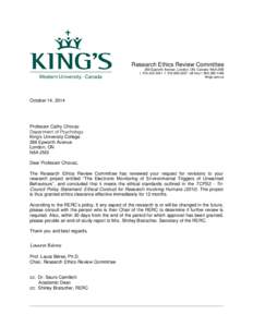 Research Ethics Review Committee 266 Epworth Avenue, London, ON, Canada N6A 2M3 t[removed]f[removed]toll free[removed]kings.uwo.ca  October 14, 2014