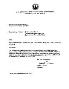 Ballot Vote - Proposed Settlement: Galoob Toys, Inc., "Sky Dancers" Flying Dolls, CPSC Docket No. 00-C0014