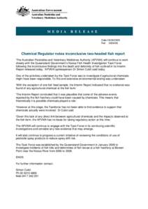 MEDIA RELEASE: Chemical Regulator Notes Inconclusive Two-Headed Fish Report - ref: [removed]