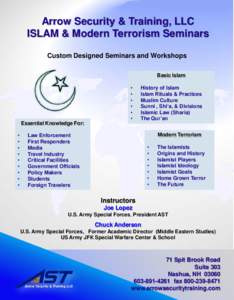 Arrow Security & Training, LLC ISLAM & Modern Terrorism Seminars Custom Designed Seminars and Workshops Basic Islam  Essential Knowledge For: