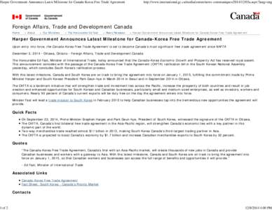 Harper Government Announces Latest Milestone for Canada-Korea Free Trade Agreement