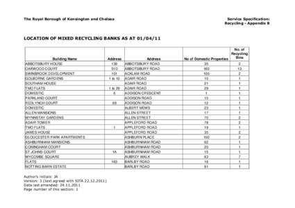 The Royal Borough of Kensington and Chelsea  Service Specification: Recycling - Appendix B  LOCATION OF MIXED RECYCLING BANKS AS AT