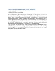 Literature and the Emotions: Hazlitt, Stendhal  Patrizia Lombardo University of Geneva, Switzerland Successful literature offers either directly or indirectly rich descriptions of actions and emotions of human bein