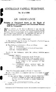 AUSTRALIAN CAPITAL TERRITORY. No. 15 of[removed]AN ORDINANCE Relating to Unclaimed Assets in the Hands of Liquidators of Companies and Unclaimed Moneys