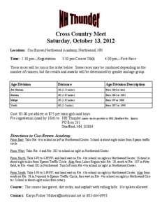 Cross Country Meet Saturday, October 13, 2012 Location: Coe Brown Northwood Academy, Northwood, NH Time: 2:30 pm—Registration  3:30 pm-Course Walk