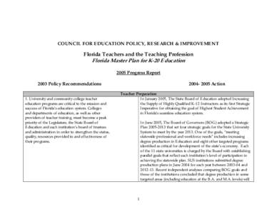 COUNCIL FOR EDUCATION POLICY, RESEARCH & IMPROVEMENT  Florida Teachers and the Teaching Profession Florida Master Plan for K-20 Education 2005 Progress Report