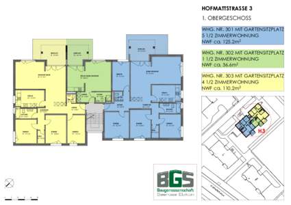 HOFMATTSTRASSE 3 1. OBERGESCHOSS WHG. NR. 301 MIT GARTENSITZPLATZZIMMERWOHNUNG NWF ca. 125.2m2 SITZPLATZ