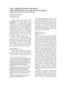THE CORRESPONDENCE BETWEEN LORD MONBODDO AND SIR WILLIAM JONES [originally published in American Anthropologist, 70:[removed], 1968]