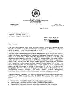 STATE OF NEW YORK OFFICE OF THE MEDICAID INSPECTOR GENERAL 800 North Pearl Street Albany, New York[removed]AN DR E W M. CU OM O