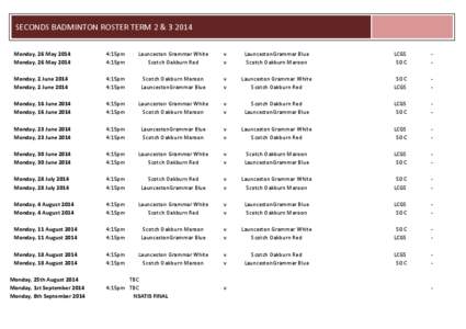 SECONDS BADMINTON ROSTER TERM 2 &[removed]Monday, 26 May 2014 Monday, 26 May 2014