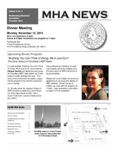 Volume 9, No. 4 Mecklenburg Historical Association November[removed]Dinner Meeting