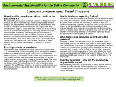 Environmental Sustainability for the Salina Community Community concern or issue: How does this issue impact citizen health or the environment? As we breathe, toxic gases and small particles of diesel present in exhaust 