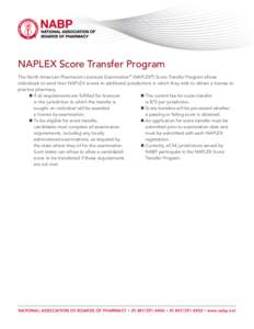 NAPLEX Score Transfer Program The North American Pharmacist Licensure Examination® (NAPLEX®) Score Transfer Program allows individuals to send their NAPLEX scores to additional jurisdictions in which they wish to obtai