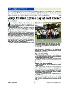 AUG SEPT 2011 Section 2_June04.qxd[removed]:08 PM Page 54  AAAA Spouses’ Corner I am very excited to spotlight a program shared by our Aviation Branch First Lady, Kim Crutchfield. The Army Aviation Spouse Day held at